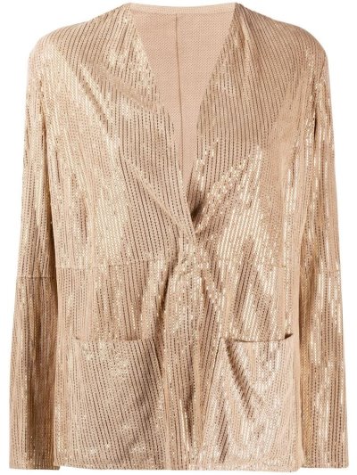 Beige / Gold Armani Emporio Metallic Striped Collarless Women's Jackets | UAE67518