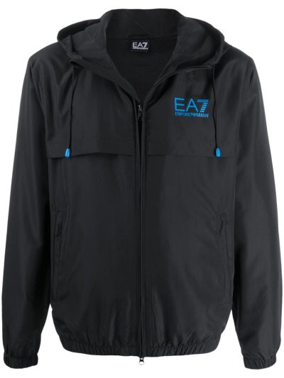 Black Ea7 Emporio Armani Layered Style Printed Logo Windbreaker Men's Coats | UAE77778
