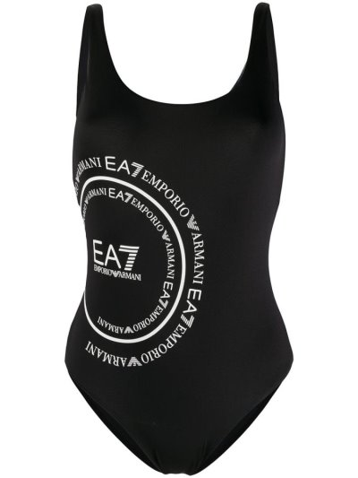 Black Ea7 Emporio Armani Logo Print Scoop Back Women's Swimsuits | UAE52560