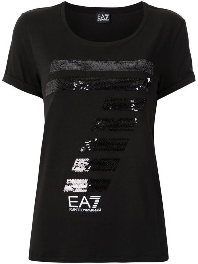 Black Ea7 Emporio Armani Sequinned 7 Logo Women's T Shirts | UAE90123