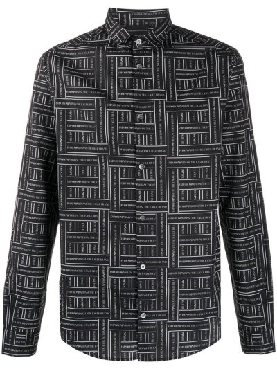 Black Armani Emporio All Over Logo Print Men's Shirts | UAE84181