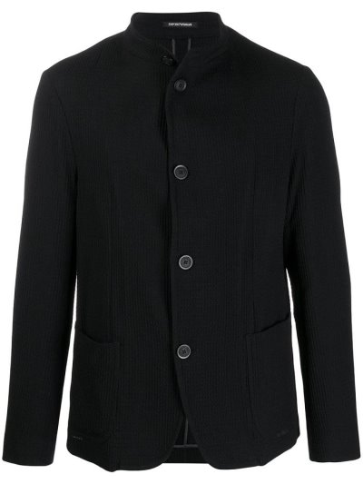 Black Armani Emporio Band Collar Waffle Weave Men's Jackets | UAE61300