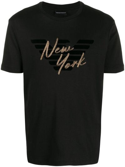 Black Armani Emporio Bead Embellished Logo Men's T Shirts | UAE19352