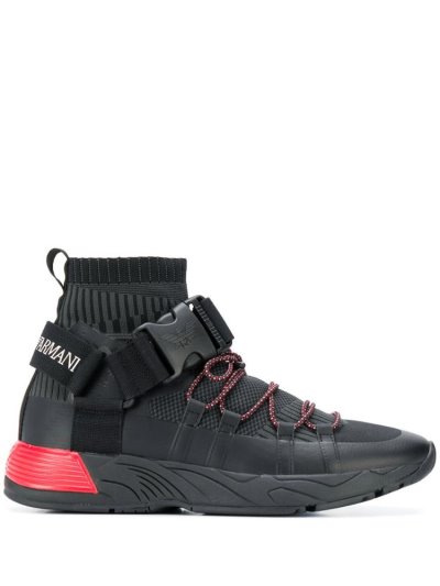 Black Armani Emporio Buckle Embellished Men's Sneakers | UAE65013