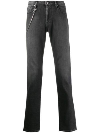 Black Armani Emporio Chain Detail Straight Leg Men's Jeans | UAE60721