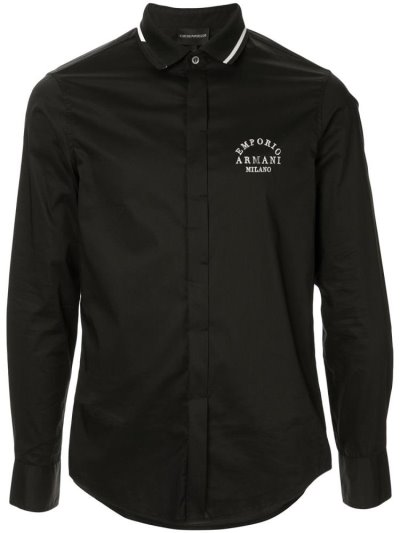 Black Armani Emporio Contrast Collar Logo Men's Shirts | UAE38947