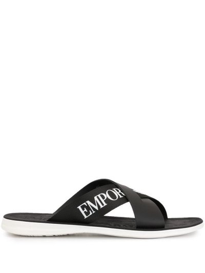 Black Armani Emporio Cross Over Logo Strap Men's Sandals | UAE63153