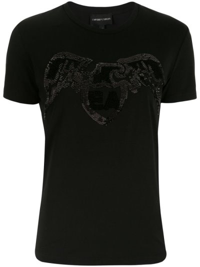 Black Armani Emporio Eagle Logo Embellished Women's T Shirts | UAE85500