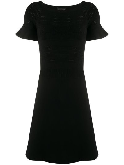 Black Armani Emporio Embroidered Stripe Skater Women's Dress | UAE01453