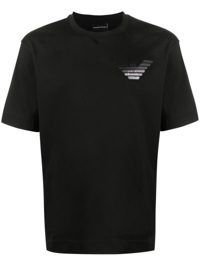 Black Armani Emporio Embroidered Logo Men's T Shirts | UAE34975
