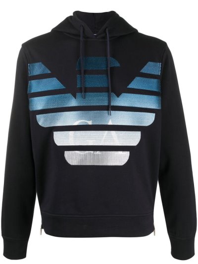 Black Armani Emporio Embroidered Logo Men's Hoodie | UAE42178