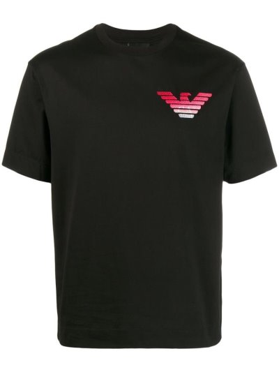 Black Armani Emporio Embroidered Logo Men's T Shirts | UAE50685