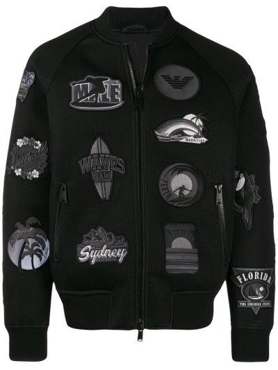 Black Armani Emporio Embroidered Patch Men's Bomber Jacket | UAE85842