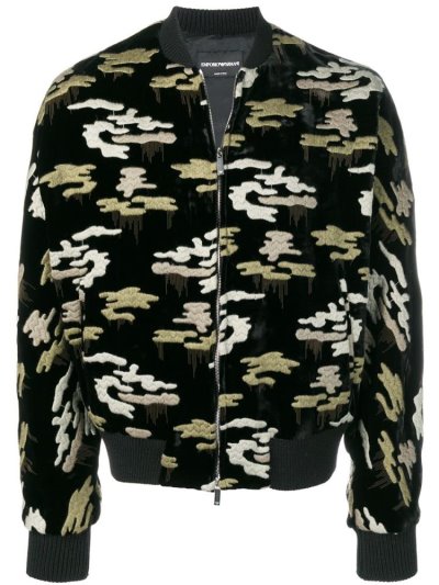 Black Armani Emporio Embroidered Camouflage Men's Bomber Jacket | UAE91733