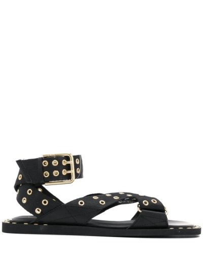 Black Armani Emporio Eyelet Stud Strap Women's Sandals | UAE32116