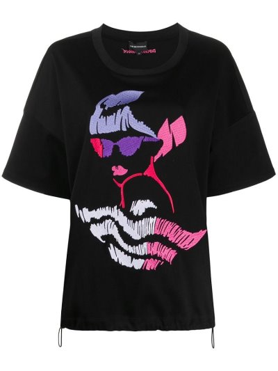 Black Armani Emporio Face Embroidered Women's T Shirts | UAE29315