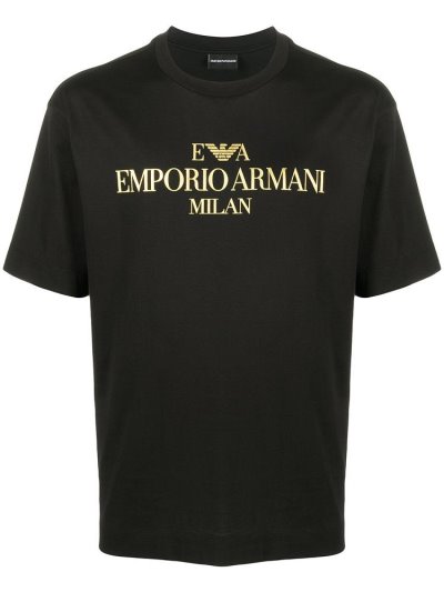 Black Armani Emporio Gold Tone Printed Men's T Shirts | UAE31371