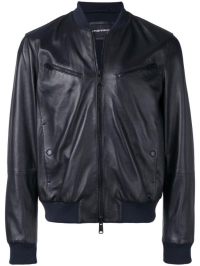Black Armani Emporio Leather Look Men's Bomber Jacket | UAE80383