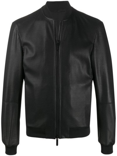 Black Armani Emporio Leather Men's Bomber Jacket | UAE22548