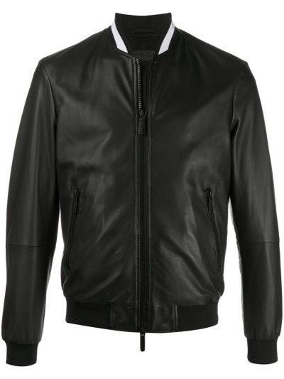 Black Armani Emporio Leather Men's Bomber Jacket | UAE43177