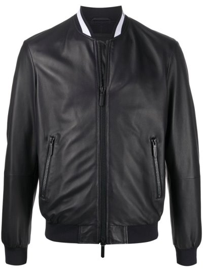 Black Armani Emporio Leather Men's Bomber Jacket | UAE55993