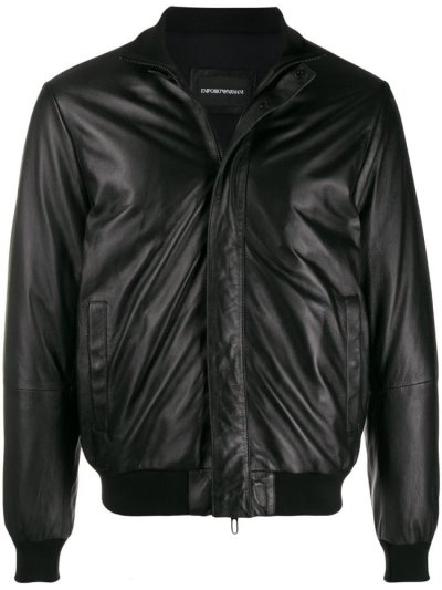 Black Armani Emporio Leather Men's Jackets | UAE99682