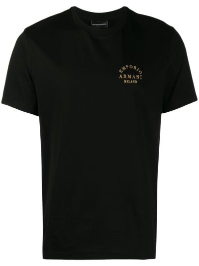 Black Armani Emporio Logo Embroidered Men's T Shirts | UAE21270