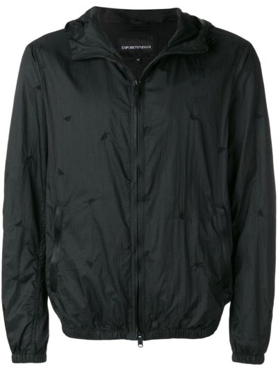 Black Armani Emporio Logo Embroidered Zip Up Men's Jackets | UAE80282