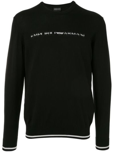 Black Armani Emporio Logo Intarsia Men's Jumpers | UAE18369