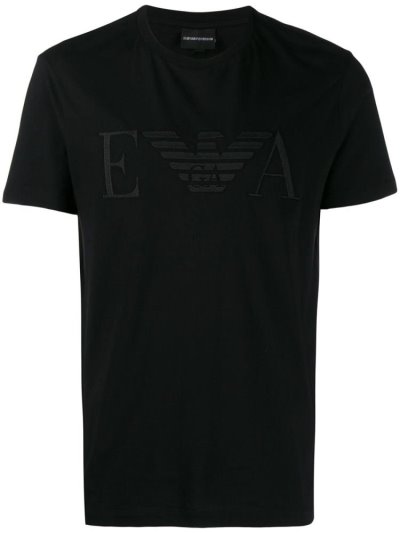 Black Armani Emporio Logo Print Crew Neck Men's T Shirts | UAE50379