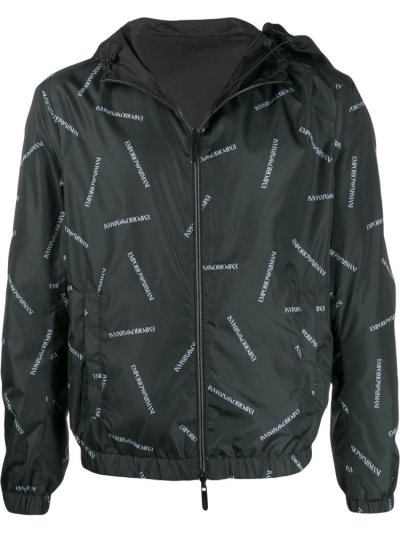 Black Armani Emporio Logo Print Hooded Men's Jackets | UAE97797