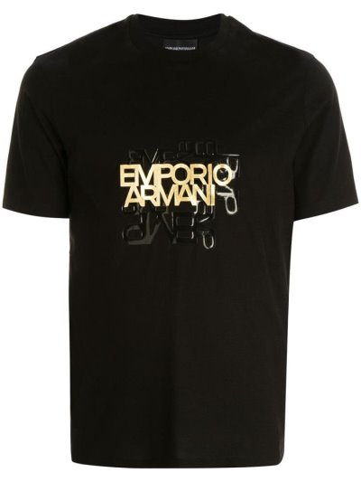 Black Armani Emporio Logo Print Men's T Shirts | UAE10247
