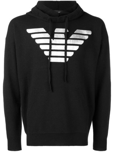 Black Armani Emporio Logo Print Men's Hoodie | UAE88105