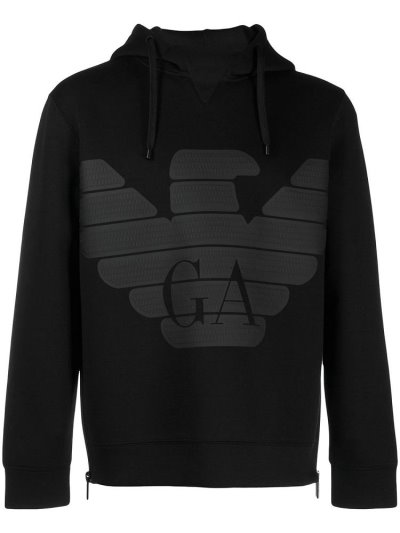 Black Armani Emporio Logo Printed Men's Hoodie | UAE32077
