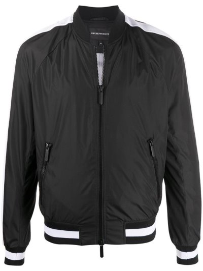 Black Armani Emporio Mesh Stripe Detail Round Neck Men's Bomber Jacket | UAE17668