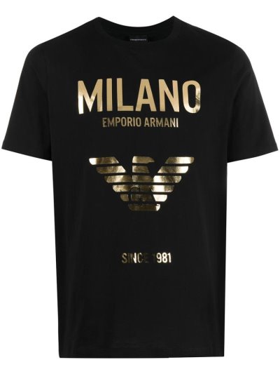 Black Armani Emporio Metallic Logo Print Men's T Shirts | UAE31114