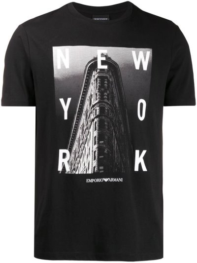 Black Armani Emporio New York Print Men's T Shirts | UAE04781