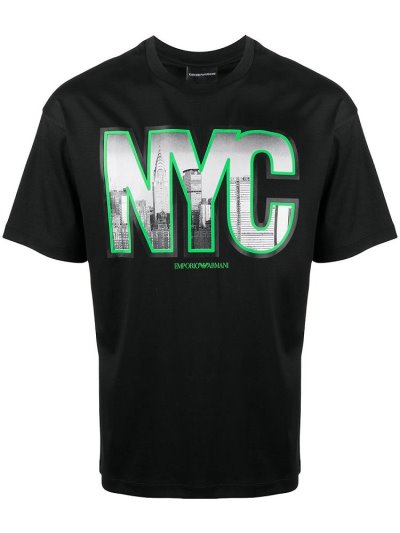 Black Armani Emporio Nyc Print Men's T Shirts | UAE71079