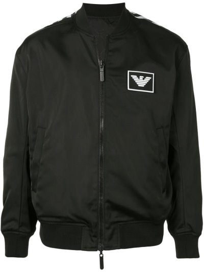 Black Armani Emporio Photographic Print Logo Patch Men's Bomber Jacket | UAE37263