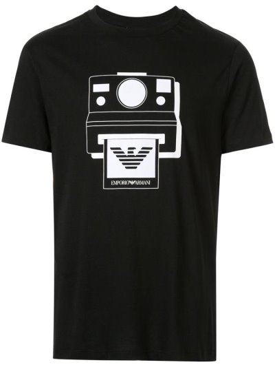 Black Armani Emporio Polaroid Printed Men's T Shirts | UAE11473