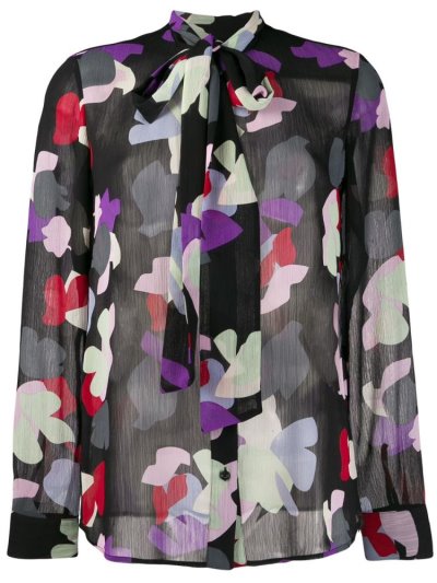 Black Armani Emporio Pussy Bow Printed Women's Shirts | UAE22235