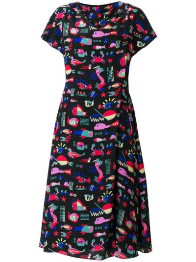 Black Armani Emporio Sea Print Midi Women's Dress | UAE62620