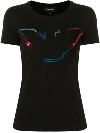 Black Armani Emporio Sequin Logo Women's T Shirts | UAE17514