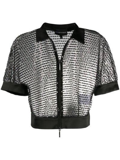 Black Armani Emporio Sequin Sheer Cropped Women's Jackets | UAE07341