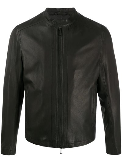 Black Armani Emporio Slim Fit Leather Men's Jackets | UAE70942