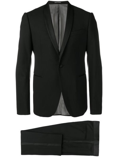 Black Armani Emporio Stretch Wool Tuxedo Men's Suits | UAE42477