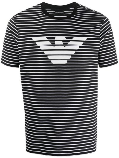 Black Armani Emporio Striped Logo Print Men's T Shirts | UAE79709