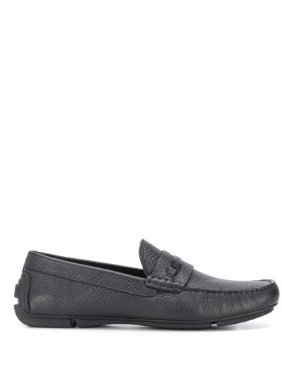 Black Armani Emporio Textured Logo Plaque Men's Loafers | UAE77308