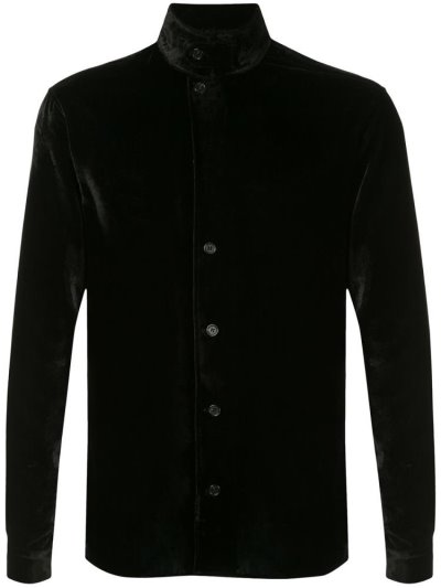 Black Armani Emporio Velvet Stand Up Collar Men's Shirts | UAE61155