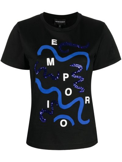 Black Armani Emporio Wave Logo Print Women's T Shirts | UAE74349